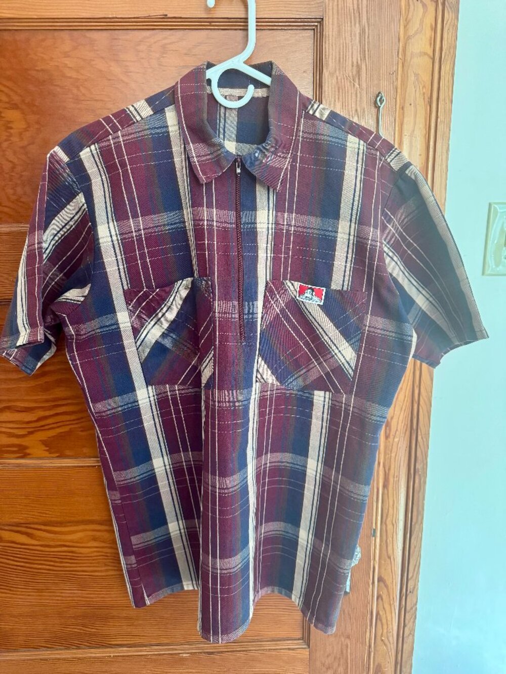 Ben Davis Short Sleeve Plaid 1/2 Zip Shirt Burgundy - Picture 3 of 3